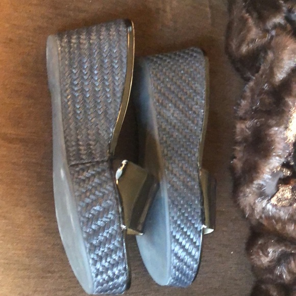 Prada Black Patent Leather Platform Wedge Mules With Black Rattan Wedge - Picture 3 of 6